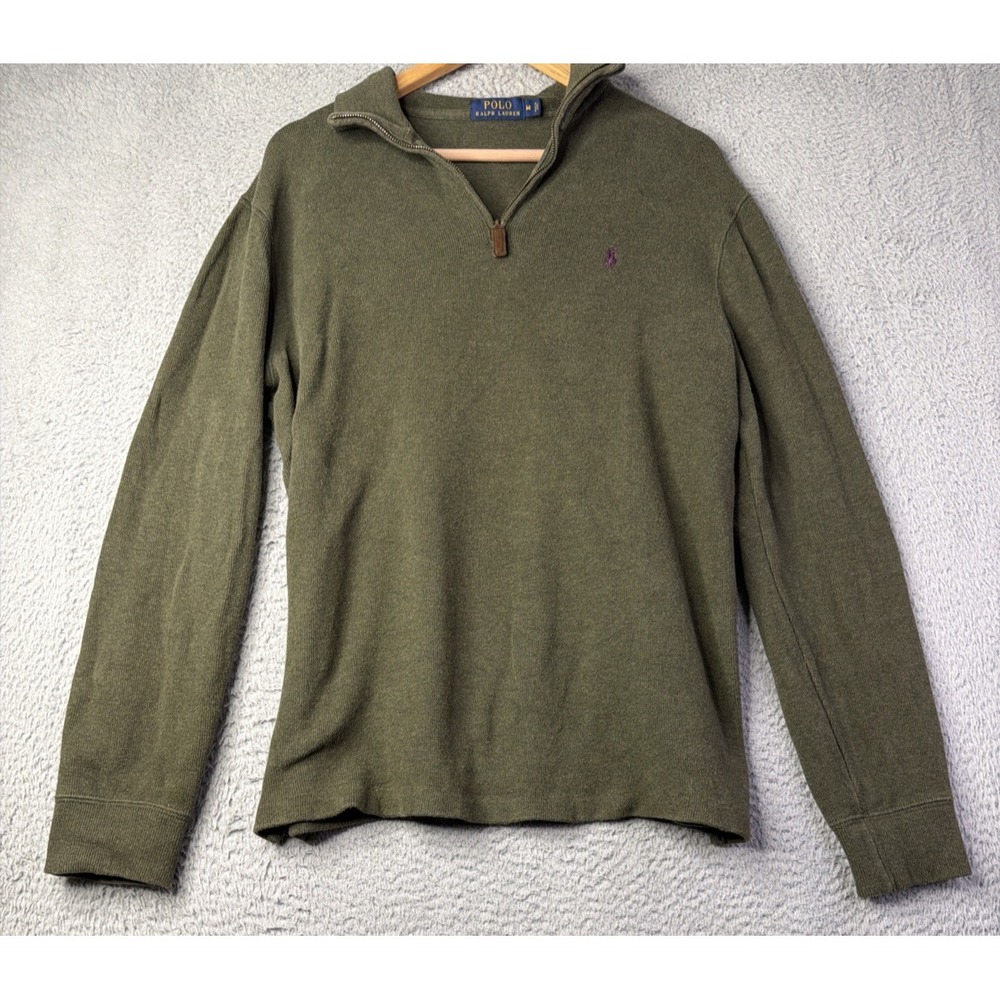 Polo Ralph Lauren Sweater Mens Medium 1/4 Zip Sweater Olive Green Purple Pony